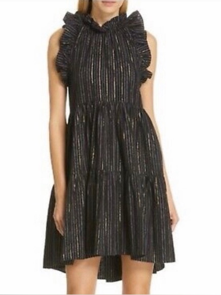 Ulla Johnson Tasmin Sleeveless Black Metallic Stripe Ruffle Neck Dress (129)